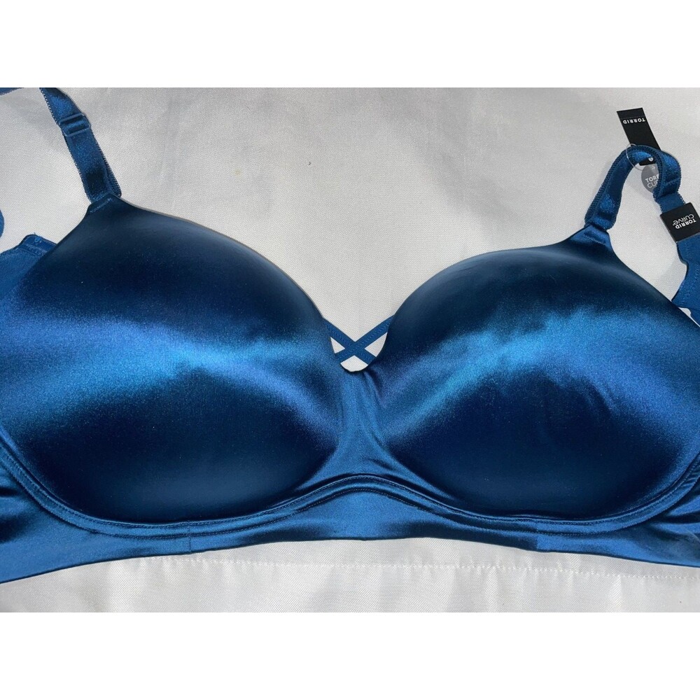 Torrid 48D Curve Plunge Bra Satin Blue 360 Back Smoothing Wire-free Push Up NWT